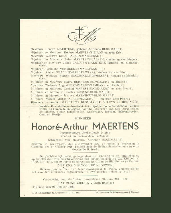 Overlijdensbrief Honor-Arthur Maertens